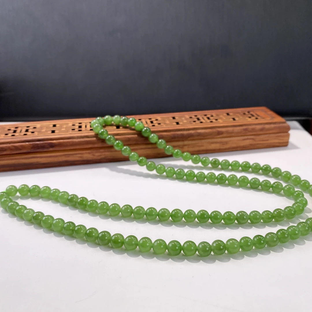 【芳華珠宝】·典藏级·和田玉碧玉6MM。108珠链长链手串绿色气质
