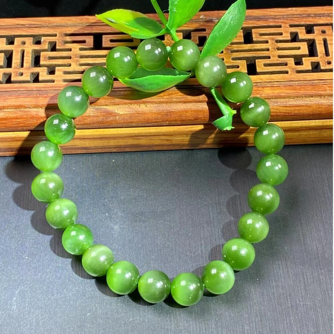 【芳華珠宝】·典藏级和田玉碧玉7.5-8ＭＭ冰底猫眼手串单圈绿色玉手串