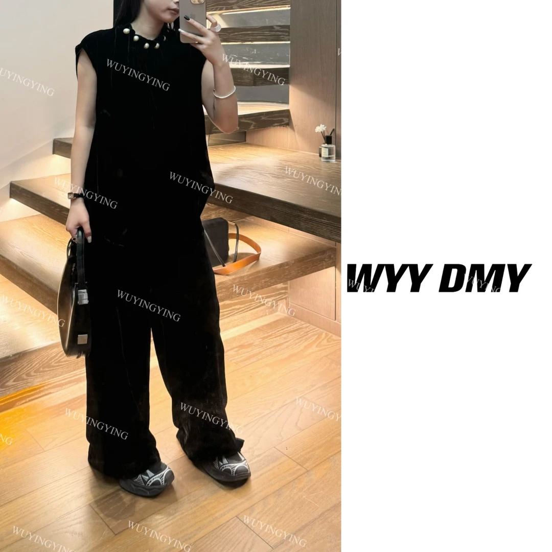 WUYINGYING【南洋千金】小众设计买手款珍珠丝绒时尚上衣+裤子套装