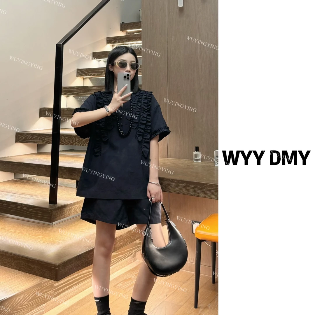 WUYINGYING【格调缠绕】设计款重工木耳边百搭时尚上衣+短裤套装