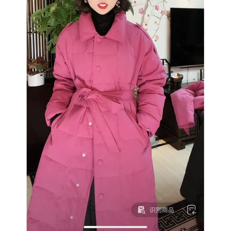 巴家腰带款树莓红长款棉衣外套女棉服上衣2024冬季新款