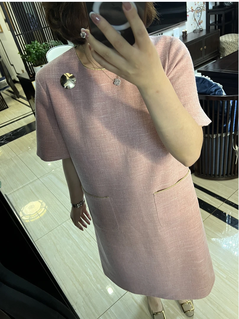【安姬迩·媛媛专属】小香风粉色连衣裙2025女夏季梨型身材遮胯裙子