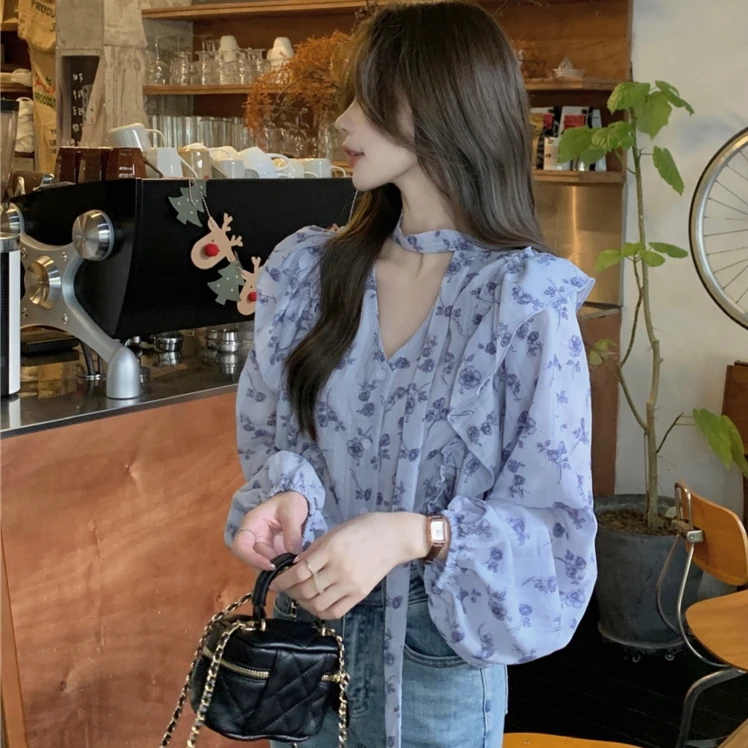 法式轻熟风v领碎花衬衫女时尚设计感小众荷叶边系带长袖衬衣7903