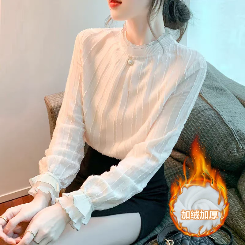 加绒加厚秋冬新款百搭蕾丝打底衫上衣内搭荷叶领衬衫叠穿上衣