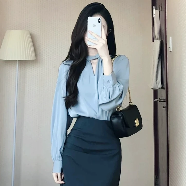 2173蓝色长袖衬衫女秋季2024新款设计感小众气质法式职业衬衣