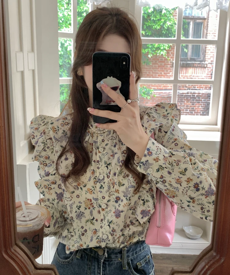 【爆品】设计感小众碎花长袖衬衫新款法式甜美女装衬衣宽松上衣