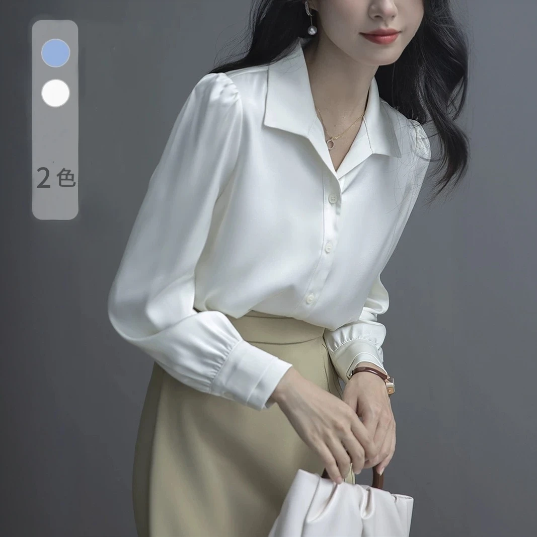 小个子复古蓝色衬衫女长袖秋新款通勤法式衬衣显瘦上衣