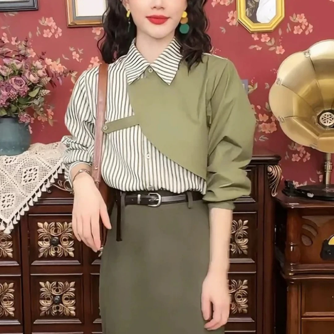 6058复古设计感衬衫2024秋装新款港风绿色拼接条纹衬衣女长袖上衣