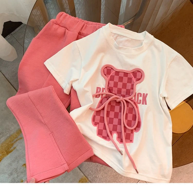 女童网红套装2024新款夏季卡通印花t恤宝宝洋气喇叭裤短袖两件套