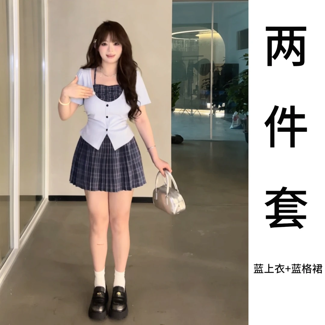现货【千惠】05015C+05016C夏季辣妹挂脖短袖+气质格子半身裙小套装