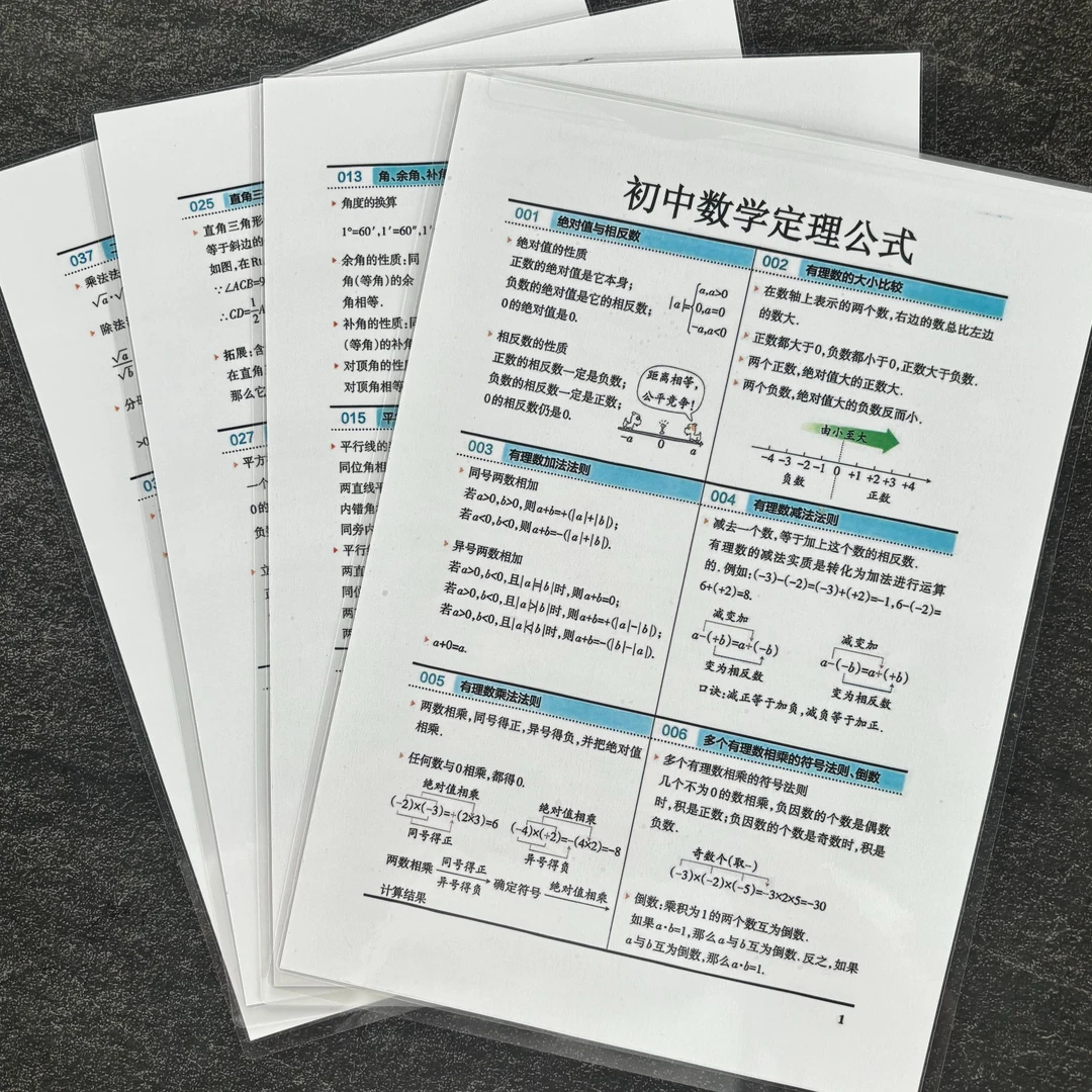 初中数学定理公式归纳汇总A4塑封防水耐用知识闪卡记忆卡必背诵卡