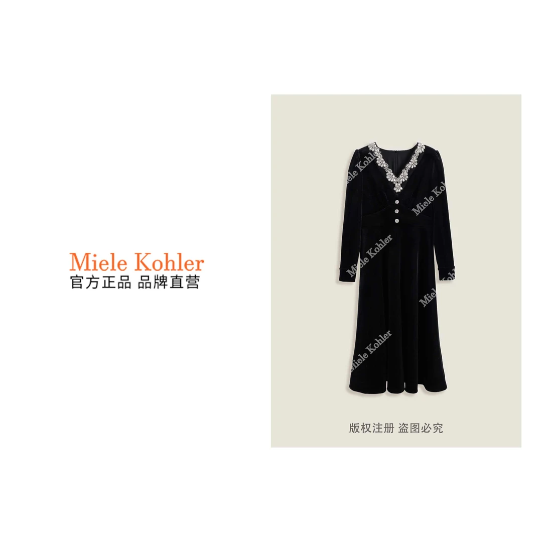 新款设计感重工镶钻V领百搭女连衣裙MKKQ88656【澳门小源同款】