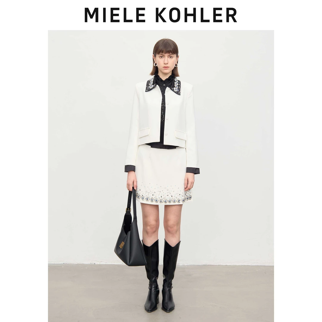 MieleKohler新款时尚重工钉钻拼接半身裙高腰a字短裙MKOKQ1169