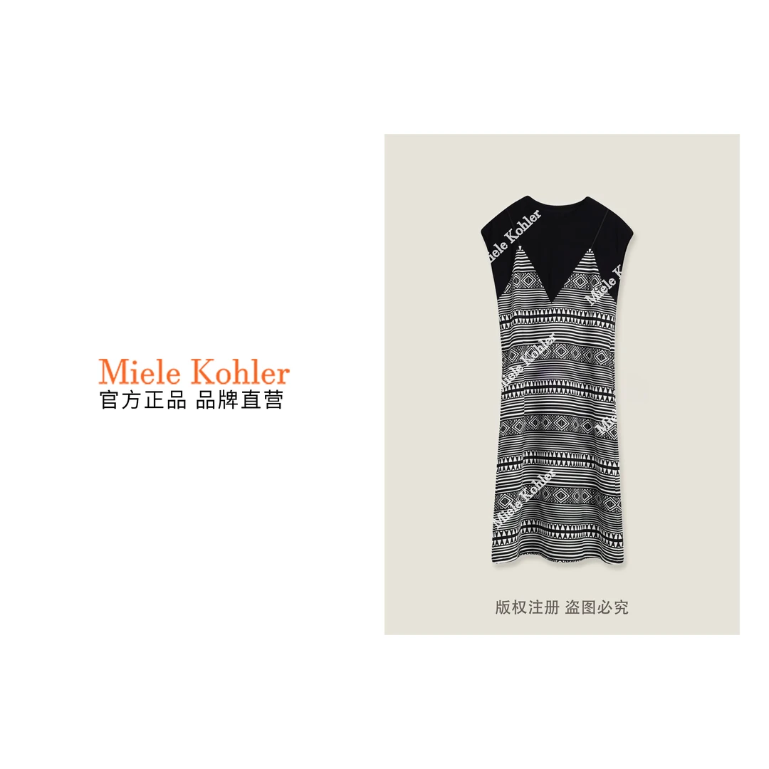 新款法式慵懒风线条图案设计无袖连衣裙 MKOVJ6194【澳门小源同款】