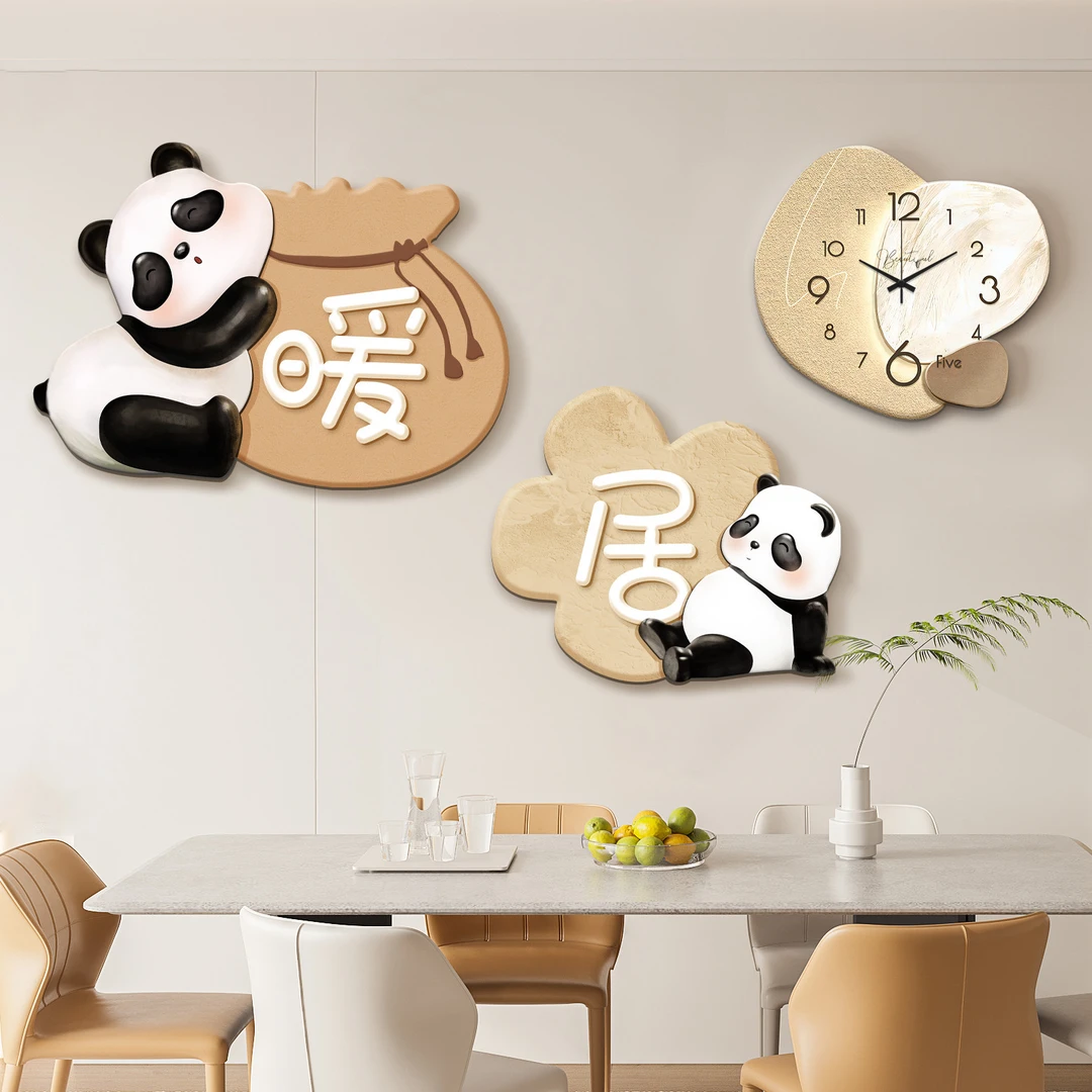 好运熊猫装饰画现代简约客厅走廊过道钟表壁画寓意好家居饰品挂画