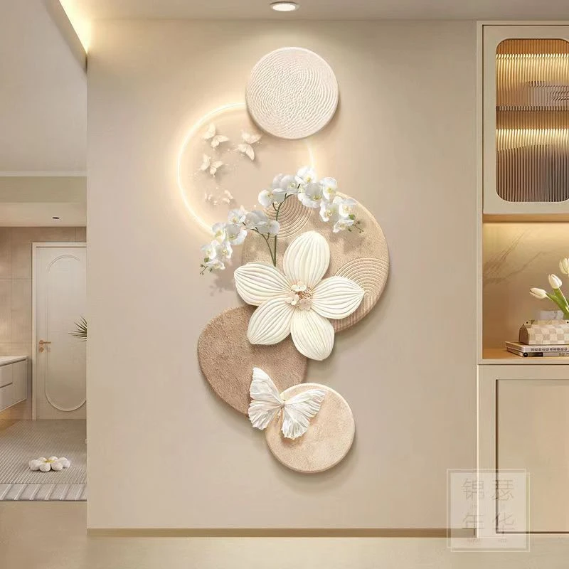 玄关装饰画创意花卉蝴蝶走廊过道挂画高级感奶油立体砂岩壁画壁饰