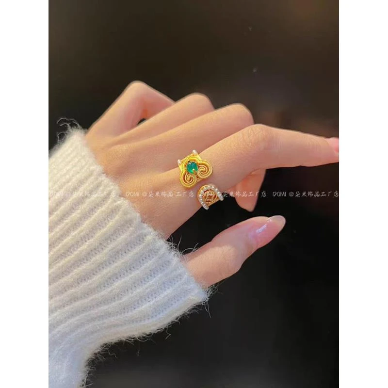 铜合金戒指  高品质白珠如意戒指时尚复古民族风镶嵌可调节戒指环