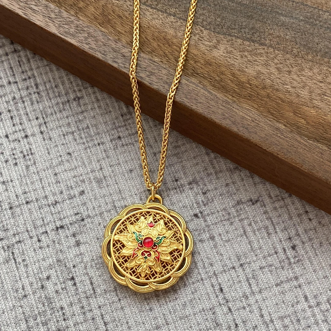XL3360 红珠莲花八宝罗盘项链 古法双面福字圆牌首饰