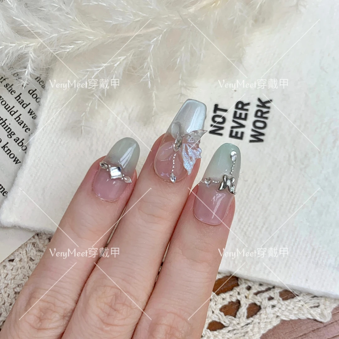 VeryMeet纯手工穿戴甲立体浮雕水晶蝴蝶渐变椭圆甲仙气美甲135