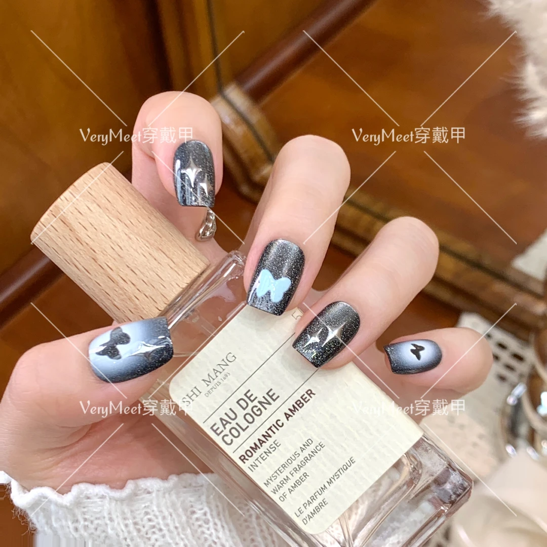 VeryMeet手工美甲短方辣妹风蝴蝶晕染立体贴片可拆卸短款指甲79