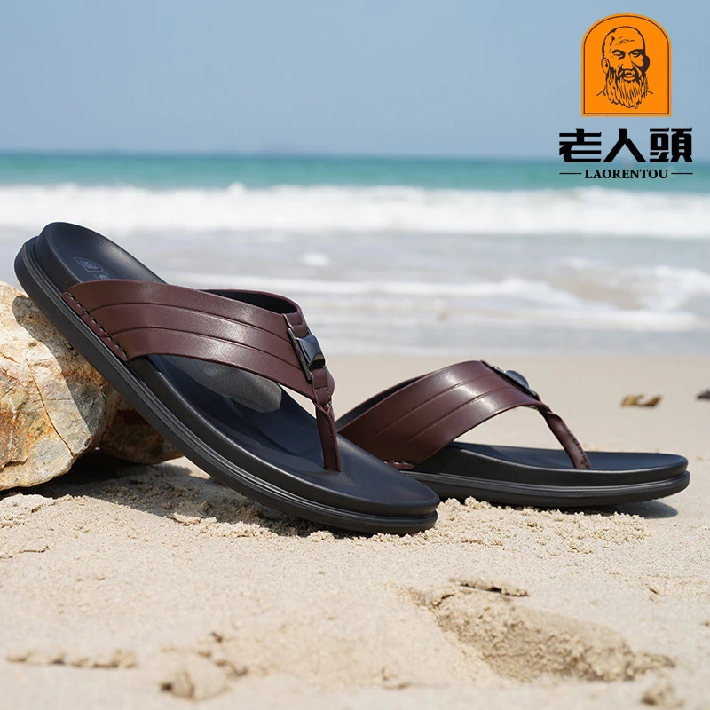 老人头男鞋2024夏季男士凉拖鞋外穿透气轻便夹趾休闲人字拖沙滩鞋