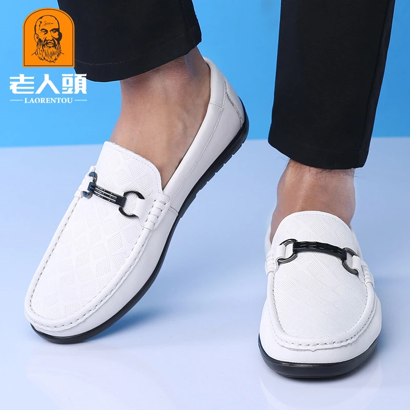 老人头皮鞋男真皮牛皮豆豆鞋男春夏新款休闲皮鞋软底一脚蹬懒人鞋