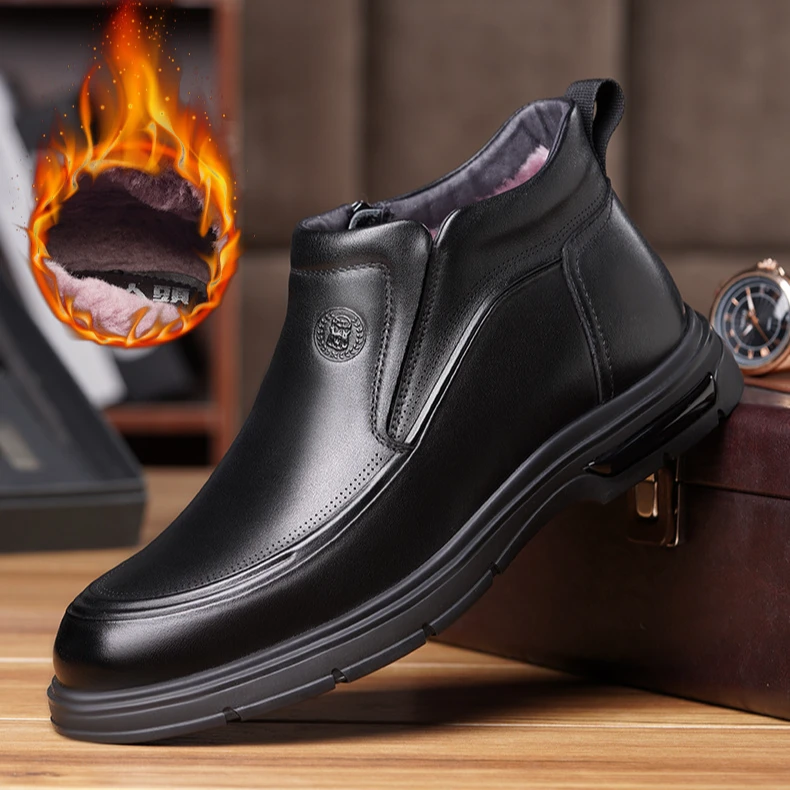 老人头羊毛棉鞋男款加厚冬季新款男靴真皮靴防滑橡胶厚底休闲皮鞋