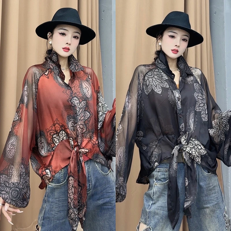 复古港风长袖印花衬衫女春秋新款时髦洋气翻领上衣内搭衬衣-99081