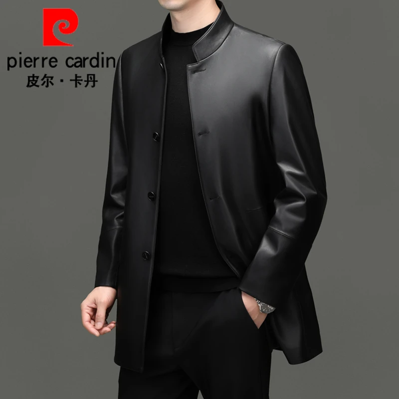 皮尔卡丹秋冬新款中长款立领真皮风衣中年商务休闲绵羊皮皮衣外套