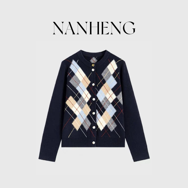 101803韩式复古立体彩绘方块图案针织开衫休闲百搭上衣秋季新款