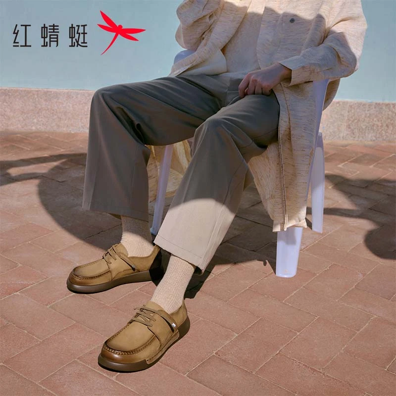 红蜻蜓休闲皮鞋2024冬季新款男鞋平底系带真皮吐司鞋通勤休闲皮鞋