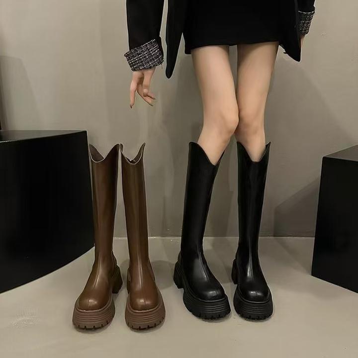 长筒靴女2024秋冬新款小个子圆头复古厚底粗跟瘦瘦靴