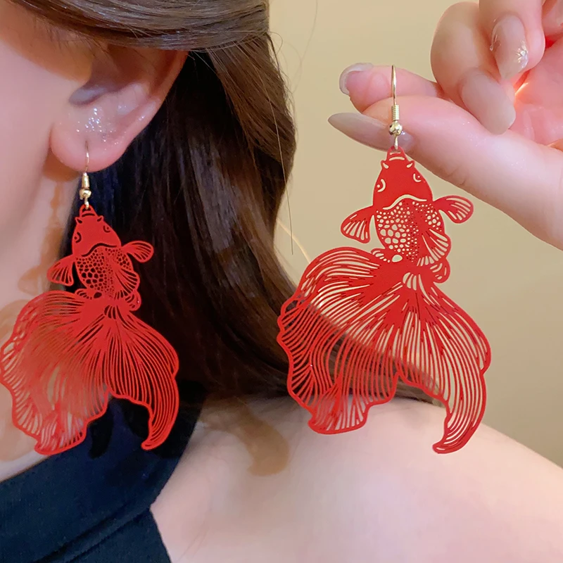 合金耳饰 2025新年耳环锦鲤耳钉国风夸张红色新中式新娘耳饰女