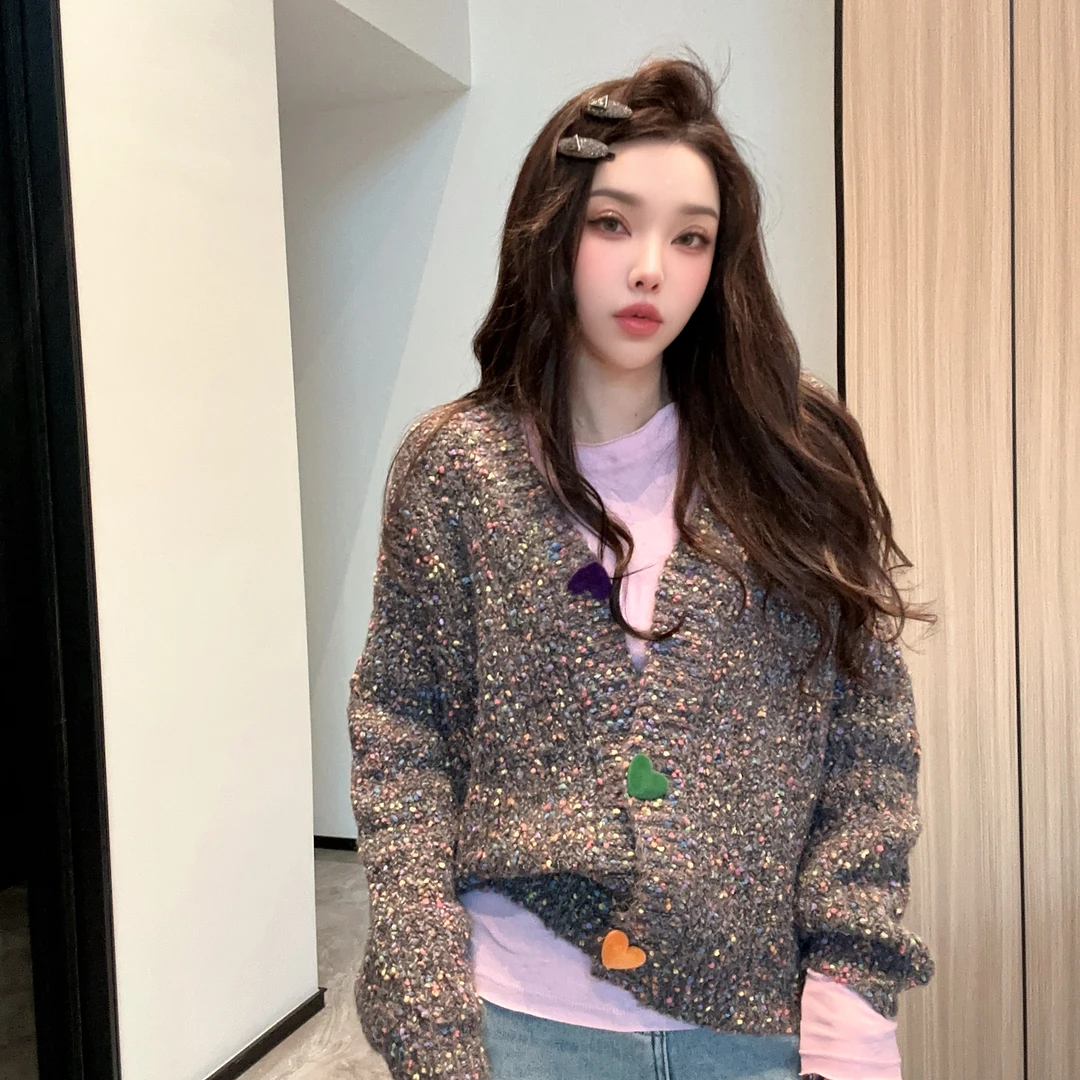 【丽丽推荐】加厚花线糖果彩扣开衫毛衣