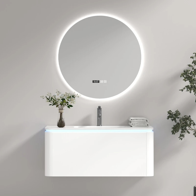 圆弧浴室柜组合岩板陶瓷一体盆洗漱台洗手洗脸盆卫生间智能镜子柜