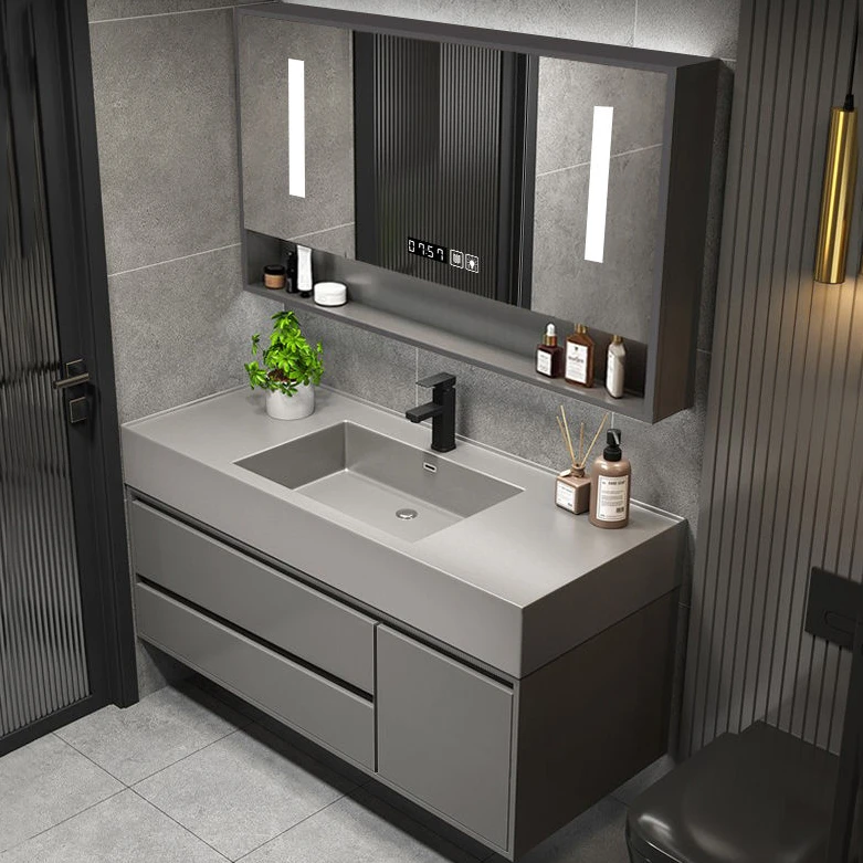 岩石一体实木浴室柜组合智能现代简约洗手池洗脸镜卫生间洗漱台盆