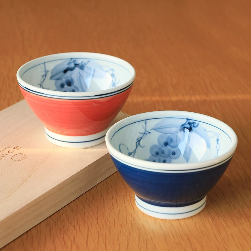 日本进口波佐见烧夫妻米饭碗家用陶瓷餐具日式高脚汤碗木盒A25