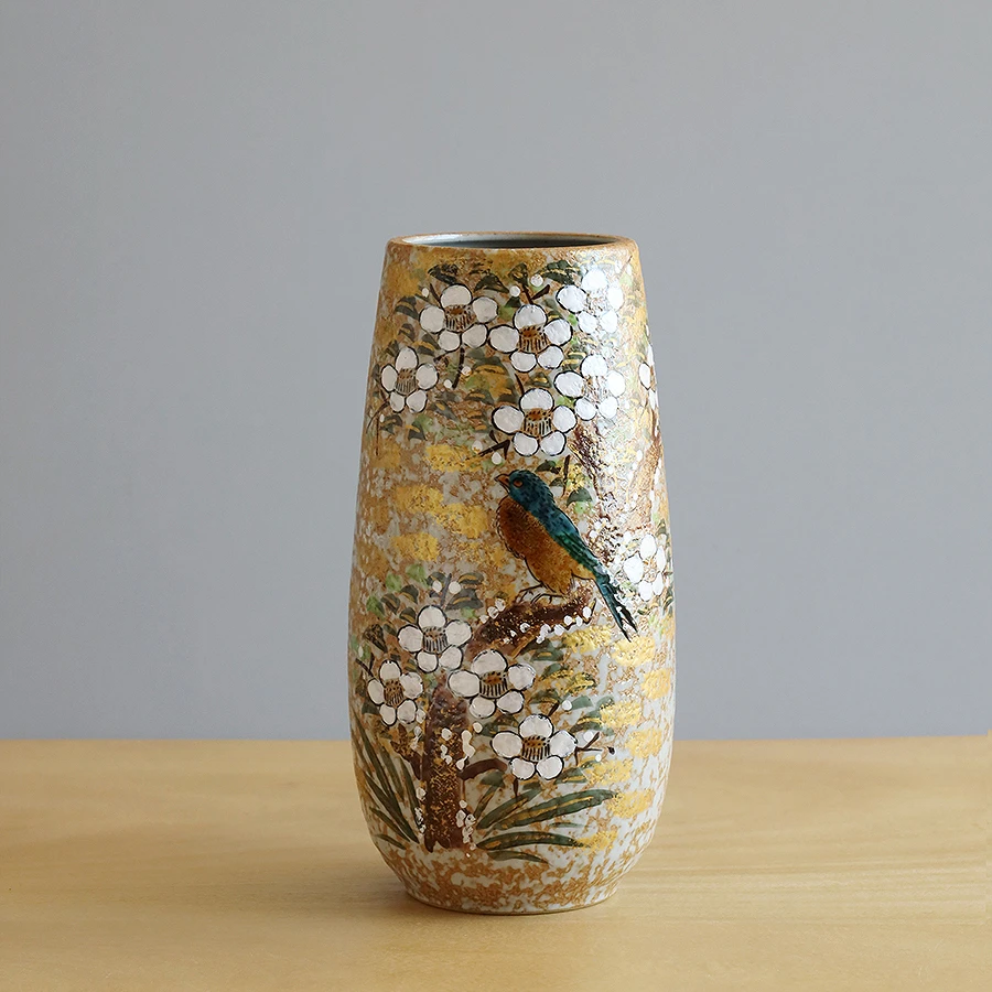 日本进口九谷烧陶瓷复古喜鹊吉祥花器插花瓶客厅玄关店铺饰品A125