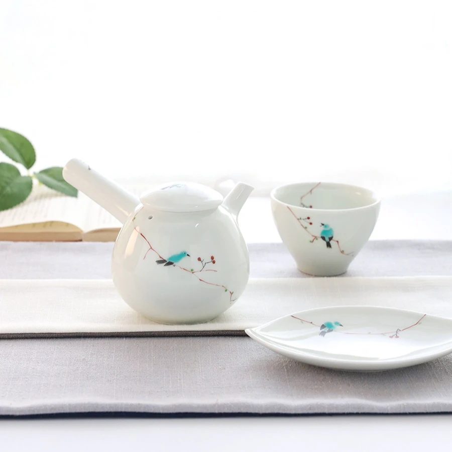 日本进口波佐见烧手绘小鸟陶瓷侧把横手急须陶滤网花鸟茶壶A81