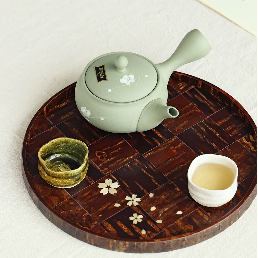 日本进口常滑烧手作绿泥侧把手急须茶壶功夫茶具复古梅花茶壶A178