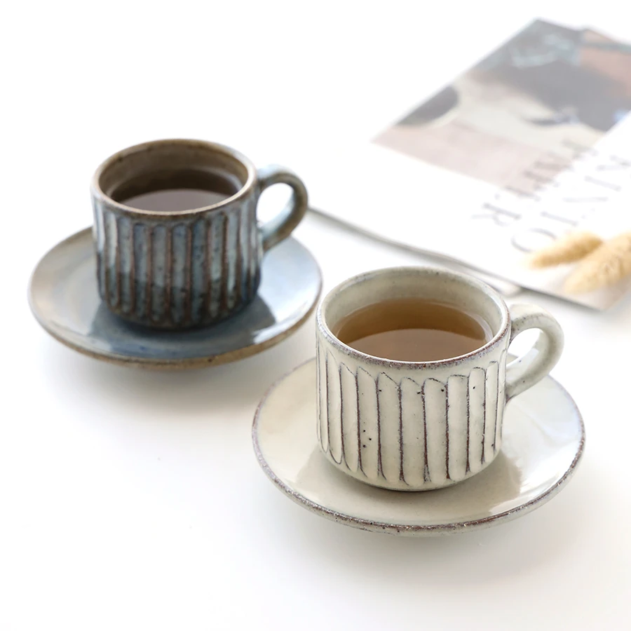 日本制进口手工咖啡杯带碟子复古信乐烧粗陶黑白个性男士茶杯A74