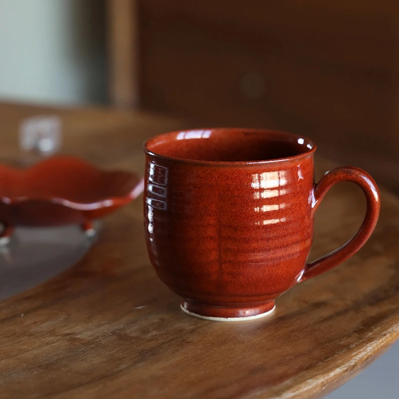 日本进口清水烧柿子红手作复古作家陶器马克杯咖啡杯点心盘子A121