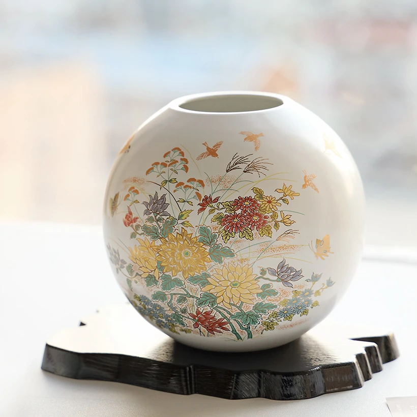 日本进口九谷烧陶瓷复古雀鸟吉祥花器插花瓶客厅玄关店铺装饰A135