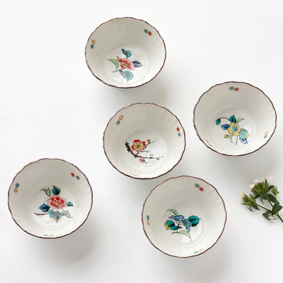 日本九谷烧进口餐具耐热小碗日料甜品花草小菜调料碗套装礼盒A97