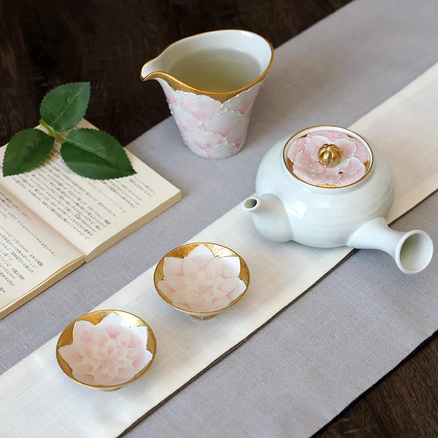 日本进口有田烧文山窑金箔牡丹莲花急须茶壶茶杯公道杯礼盒A85