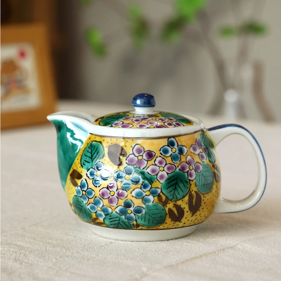 日本九谷烧彩会陶瓷茶壶茶具泡茶壶复古紫阳花带滤网单壶茶器A148