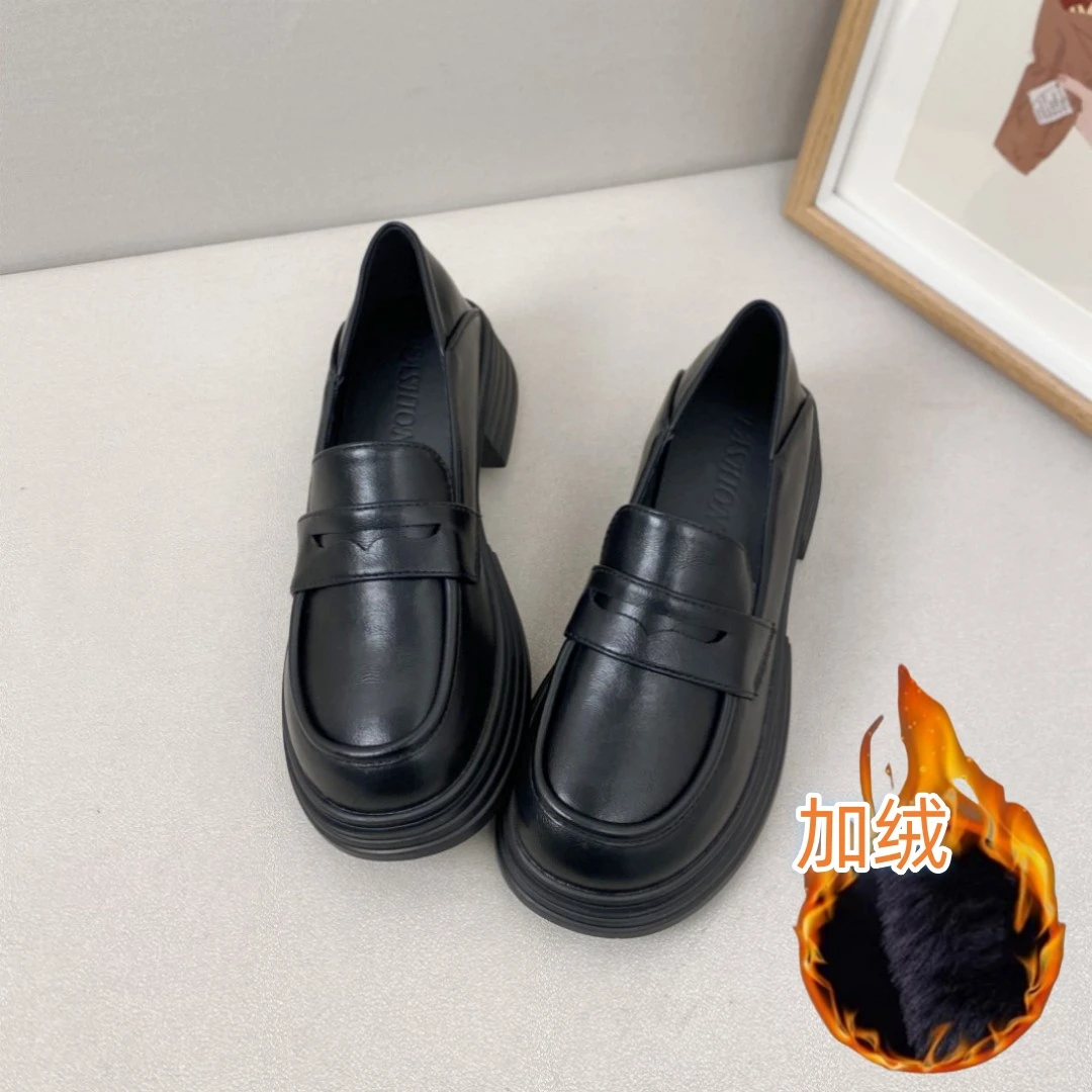 黑色厚底加绒乐福鞋女2023秋冬季新款小皮鞋女英伦风百搭复古单鞋