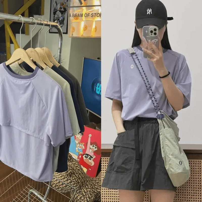 港风 素！后背镂空透气网眼速干宽松运动户外短袖T恤百搭洋气显瘦