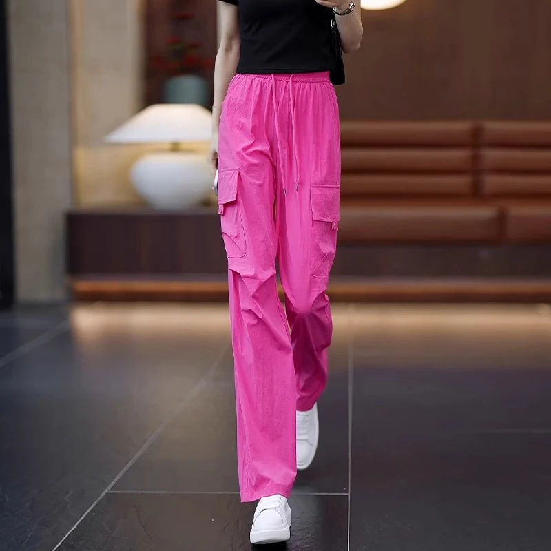 冰丝工装裤直筒裤女夏季薄款高腰显瘦宽松美式阔腿休闲运动裤小众