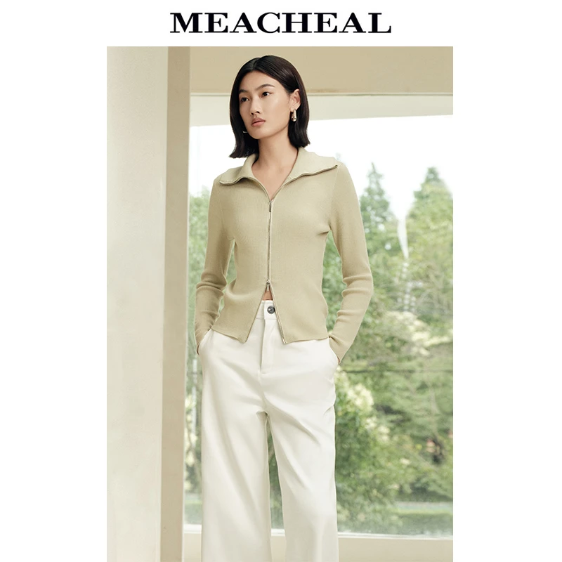 MEACHEAL米茜尔秋季新款海沫绿时尚休闲翻领双开拉链针织开衫